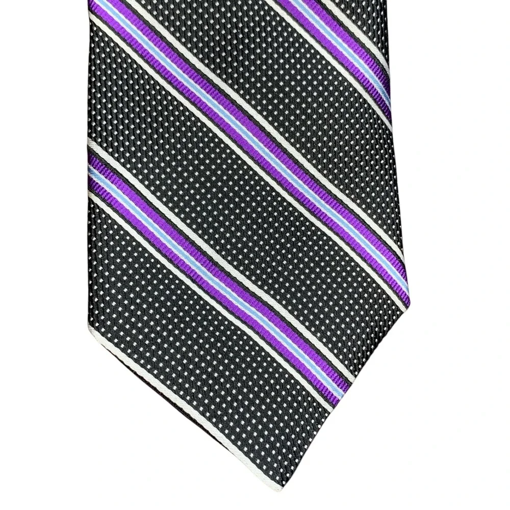 Cremieux 100% silk‎ black white polka dot tie w stripes of purple white blue